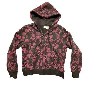 Disney Mickey Mouse Pink Black Print Hooded Zip Up Sweatshirt Youth XL